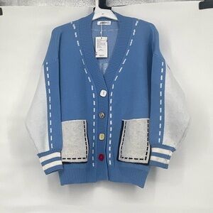 Jascls nwt oversize blue novelty colorful button pocket cardigan